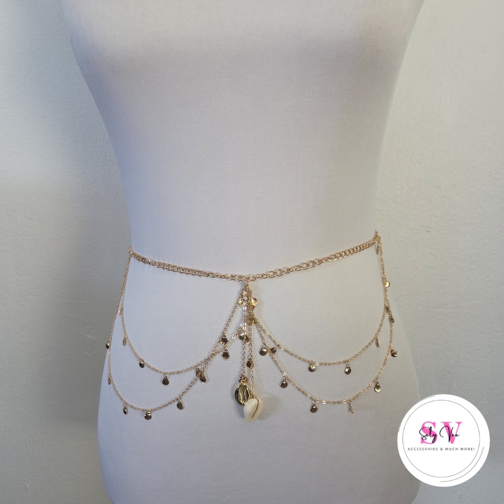 Gold Layered Chain Belt with Shell Decor